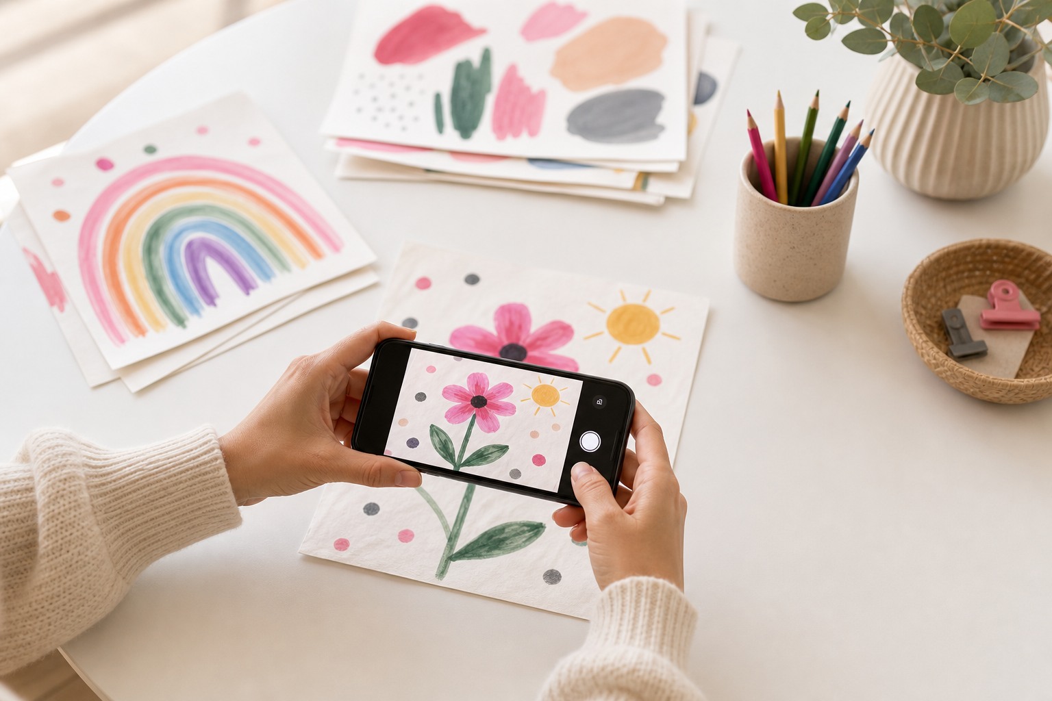 A phone photographing children's artwork before it is sorted.